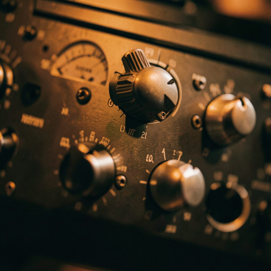 Close-up of audio equipment dials and meters, charcoal and silver tones, moody low-key lighting