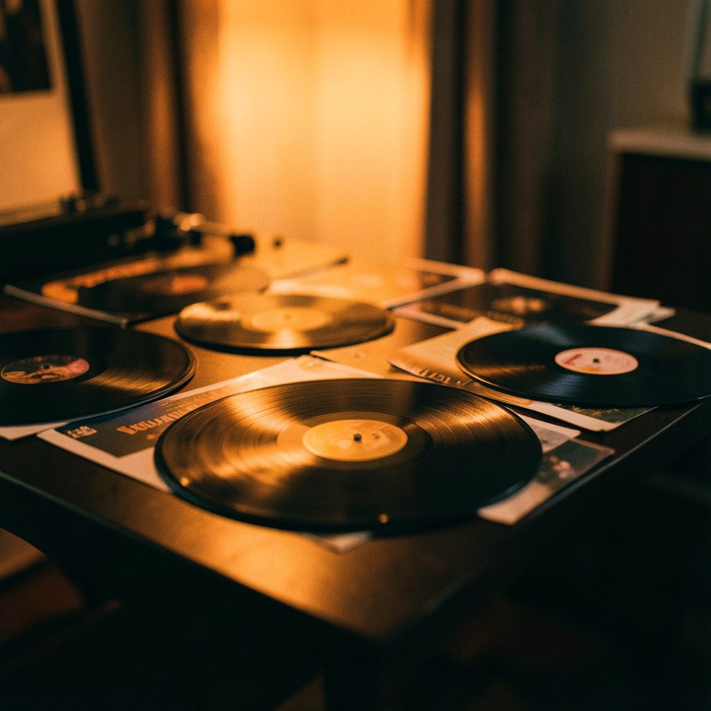 Vinyl records spread across a dark table, warm tungsten glow, intimate editorial photography