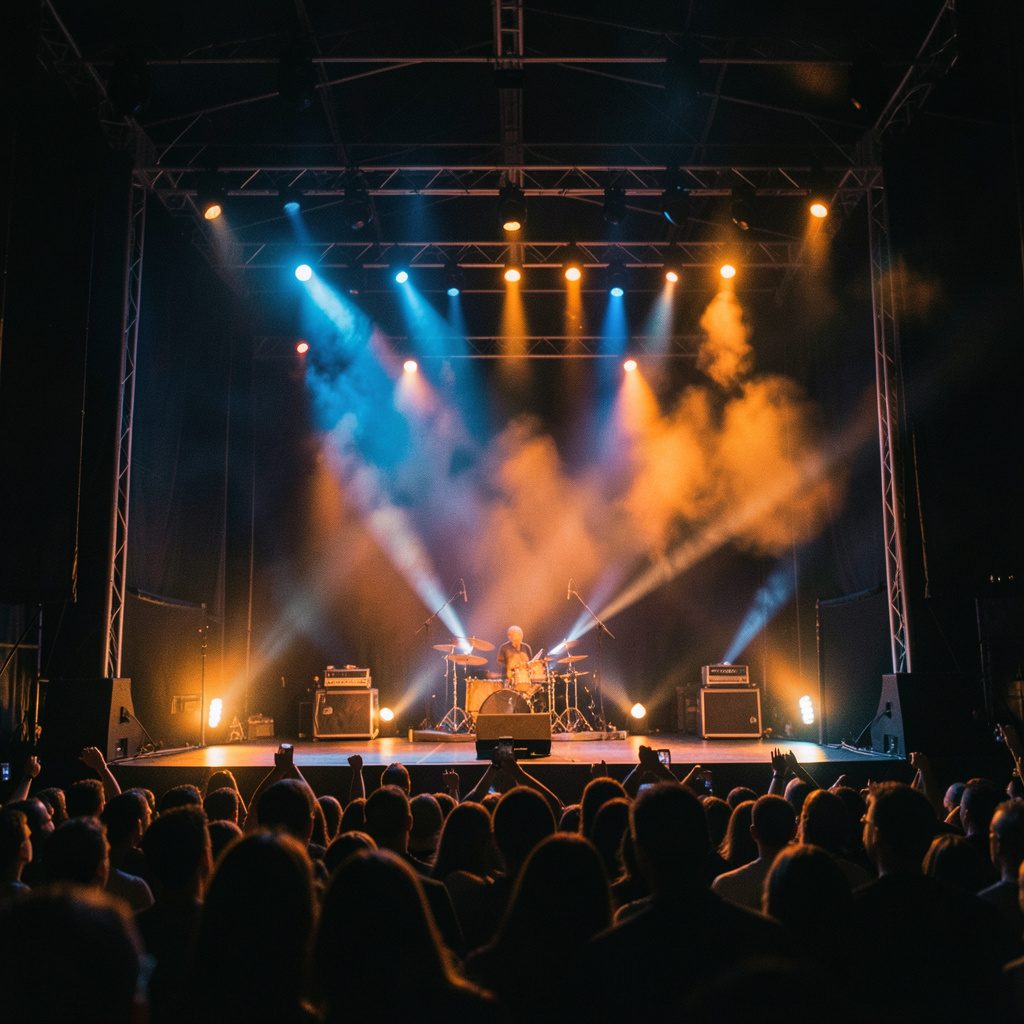 Concert stage with dramatic blue and amber lighting, wide cinematic frame, shallow depth of field